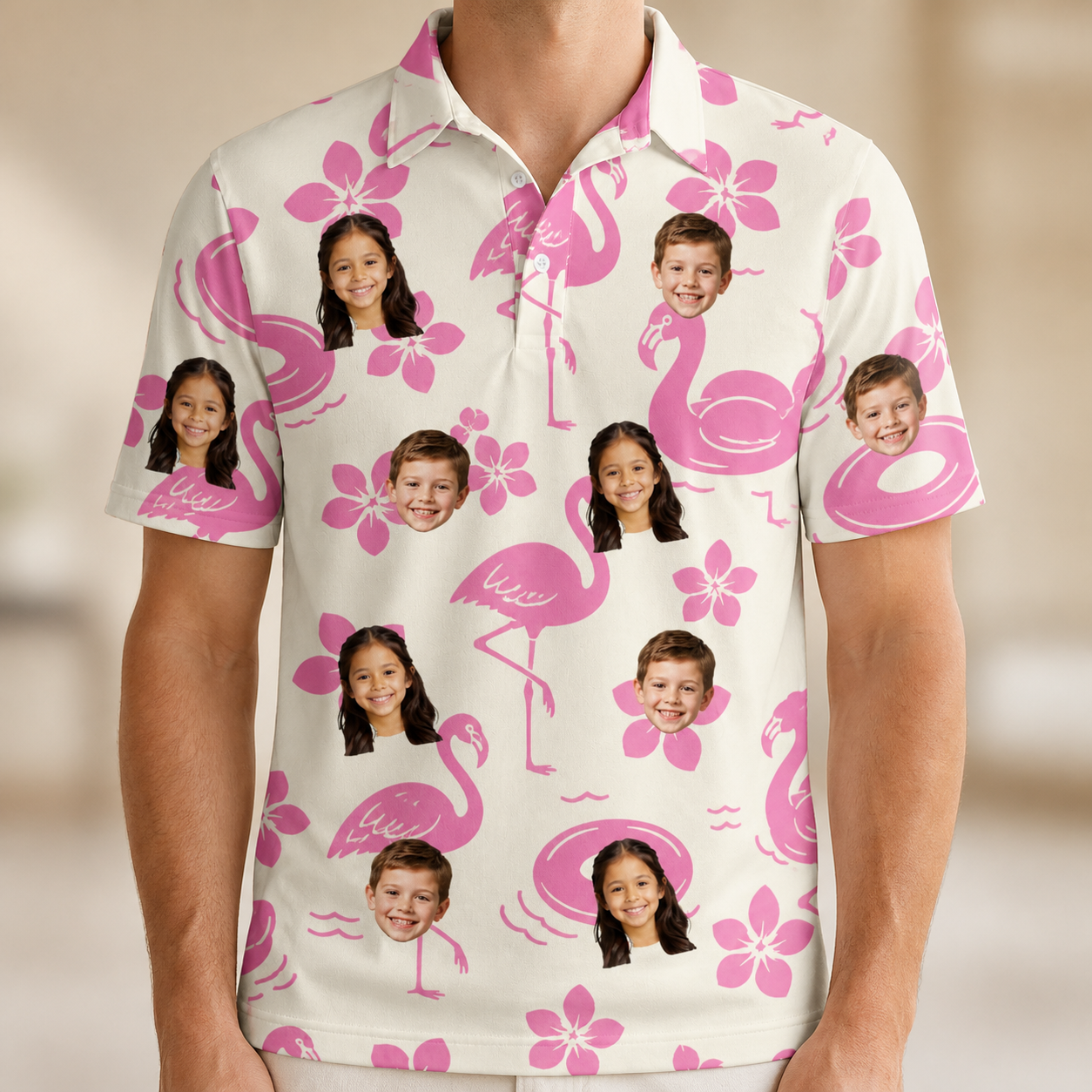Model wearing Men's Buoyant Botanica Custom Face Polo Shirt printed with kids' faces