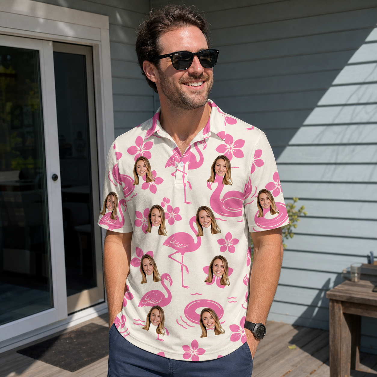 Real-life photo of someone wearing Men's Buoyant Botanica Custom Face Polo Shirt — custom faces printed all-over
