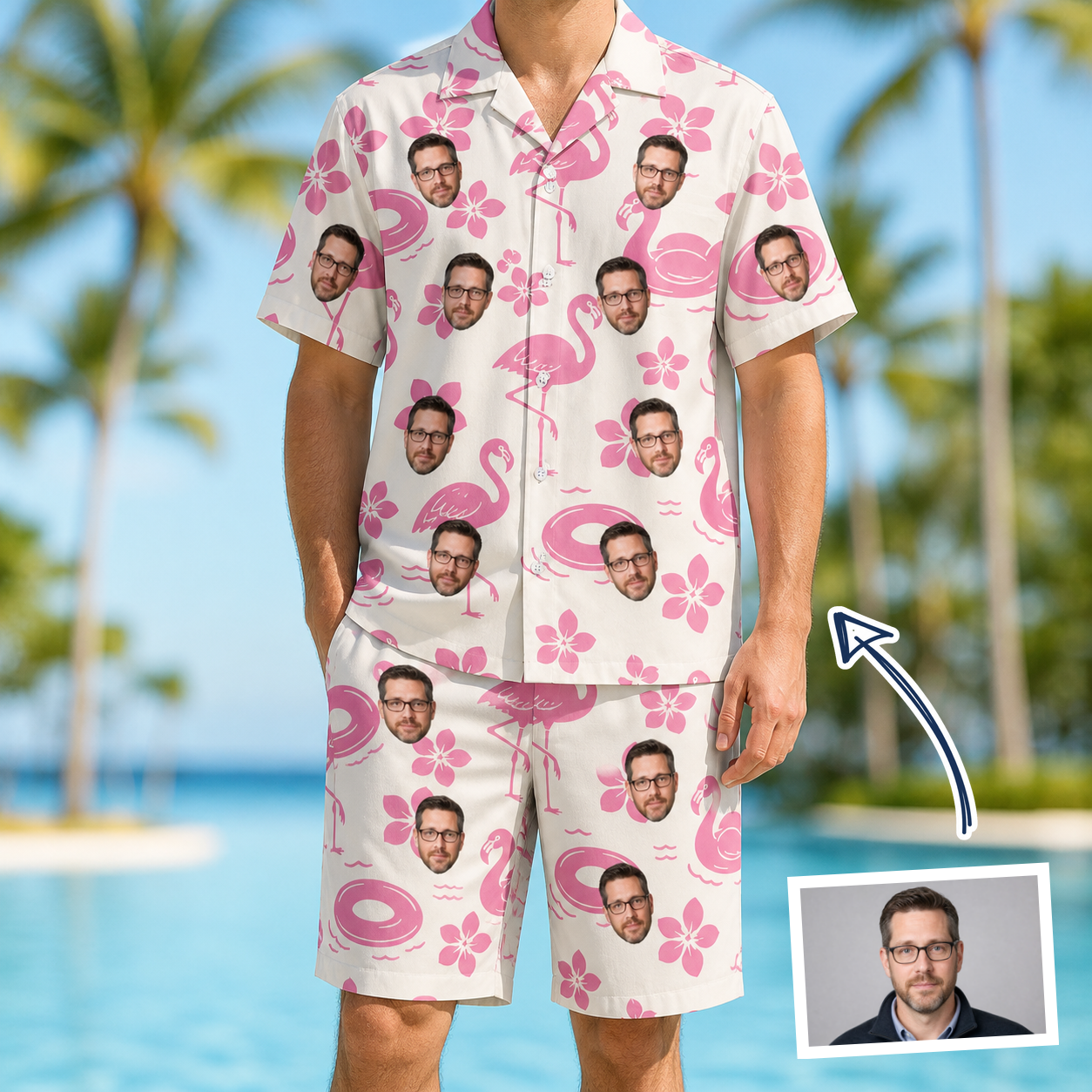 Man wearing Men's Buoyant Botanica Custom Face Shirt & Shorts Set — custom faces printed all-over