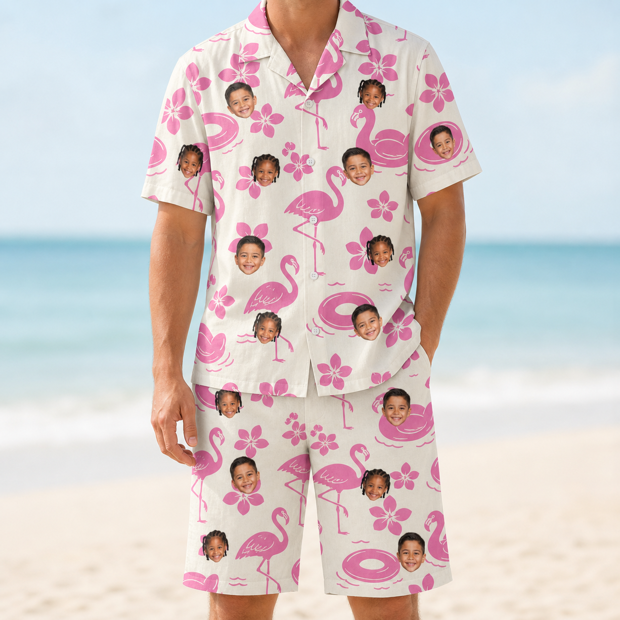 Model wearing Men's Buoyant Botanica Custom Face Shirt & Shorts Set printed with kids' faces