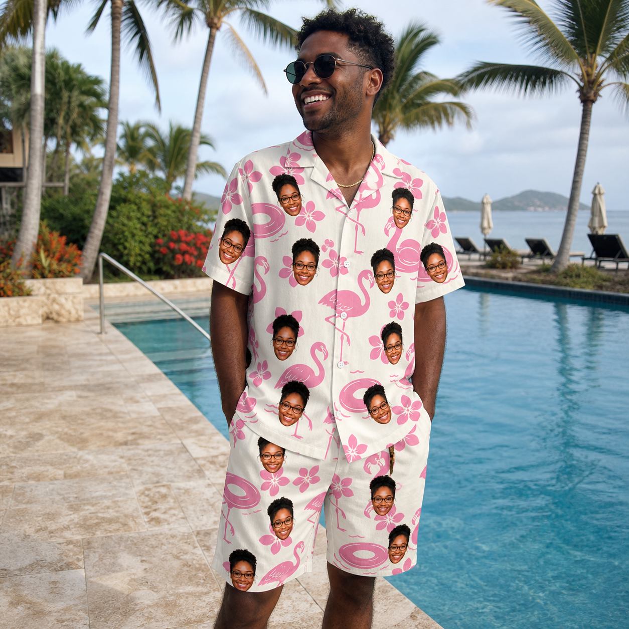 Real-life photo of someone wearing Men's Buoyant Botanica Custom Face Shirt & Shorts Set — custom faces printed all-over
