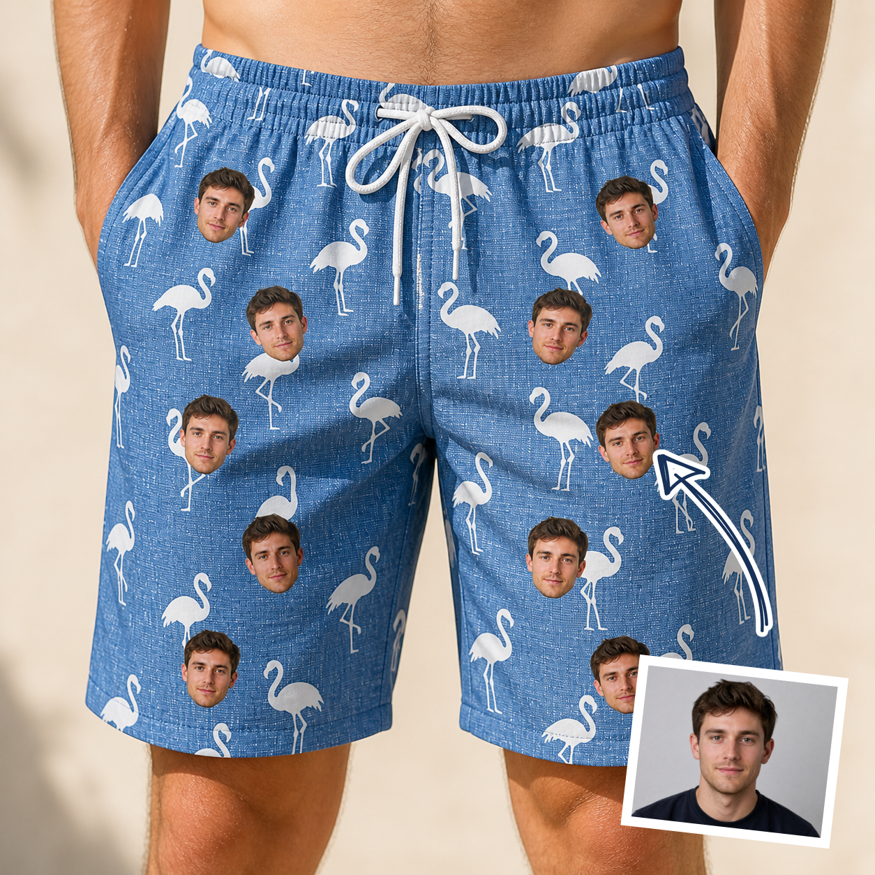 Man wearing Men's Plume Parade Custom Face Beach Shorts — custom faces printed all-over