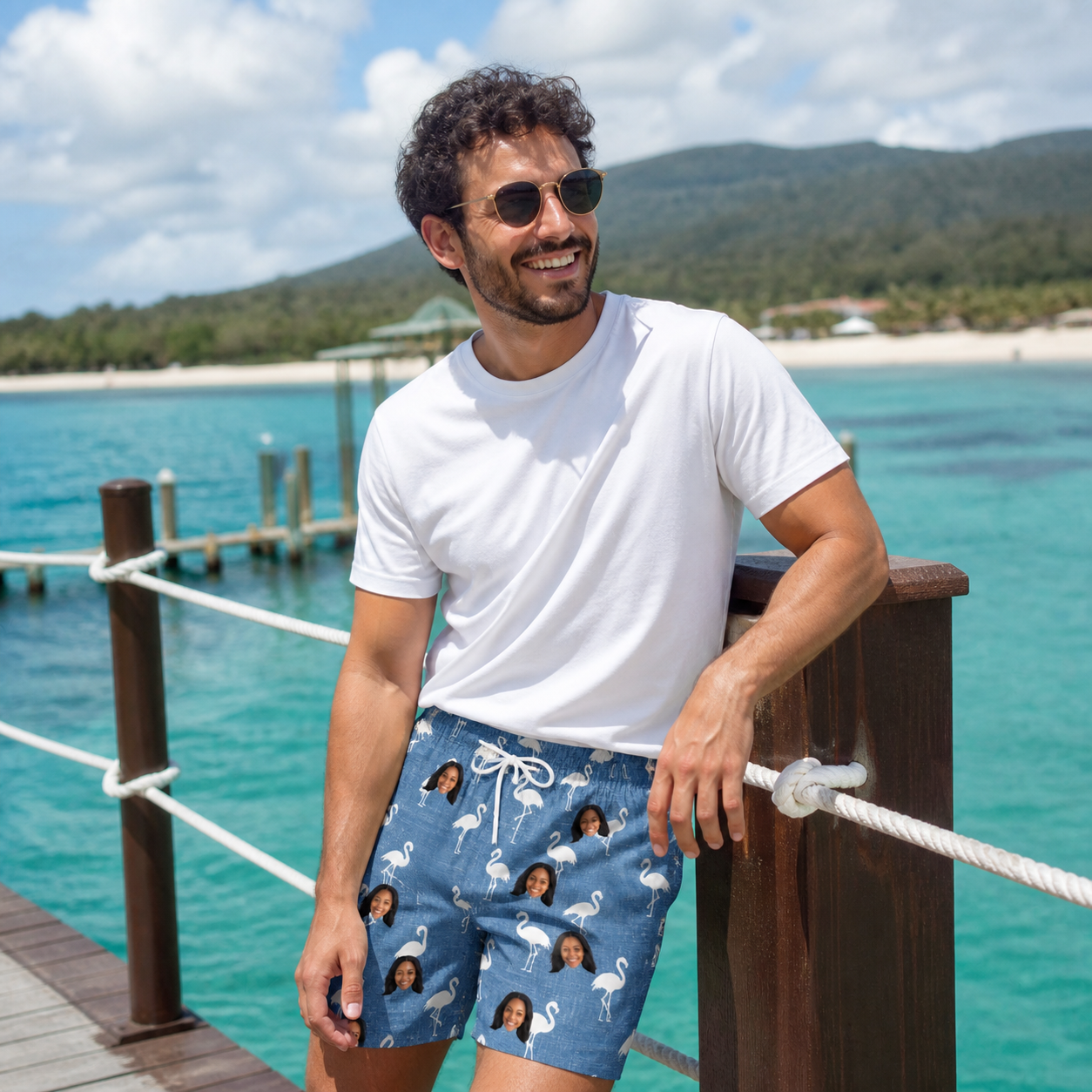 Real-life photo of someone wearing Men's Plume Parade Custom Face Beach Shorts — custom faces printed all-over
