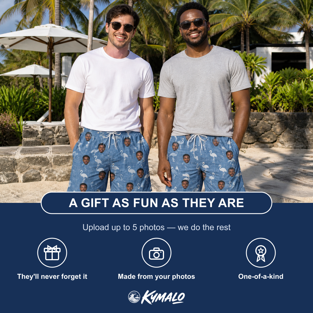 Friends in matching Men's Plume Parade Custom Face Beach Shorts — a group gift photo