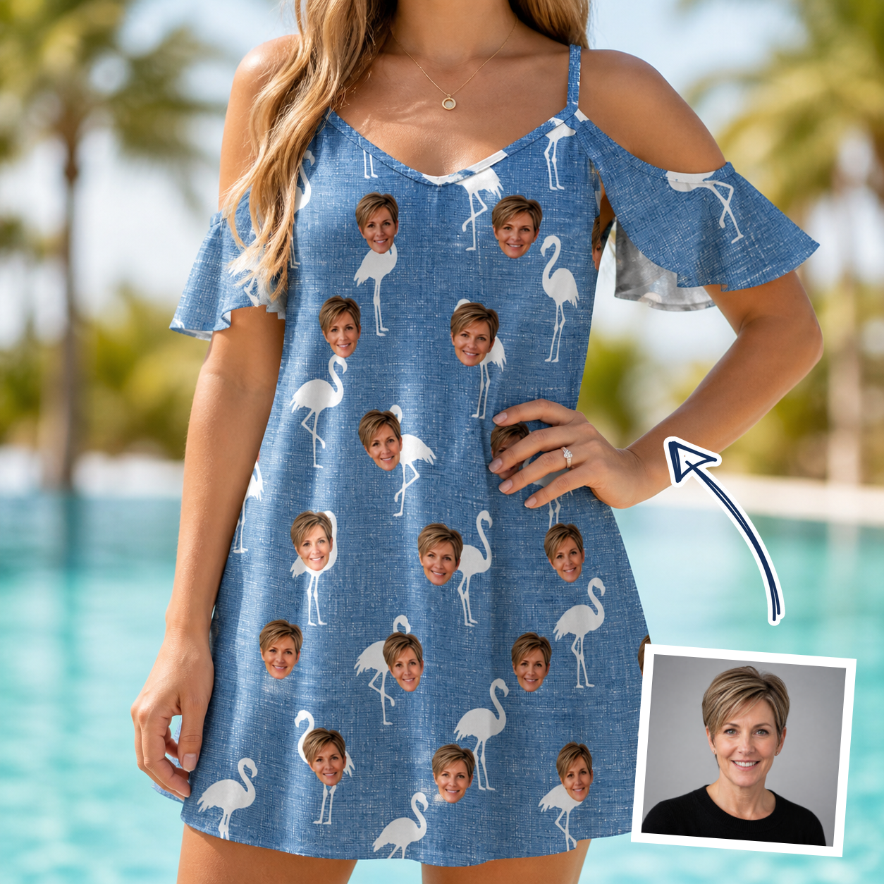 Woman wearing Women's Plume Parade Custom Face Off-Shoulder Dress — custom faces printed all-over