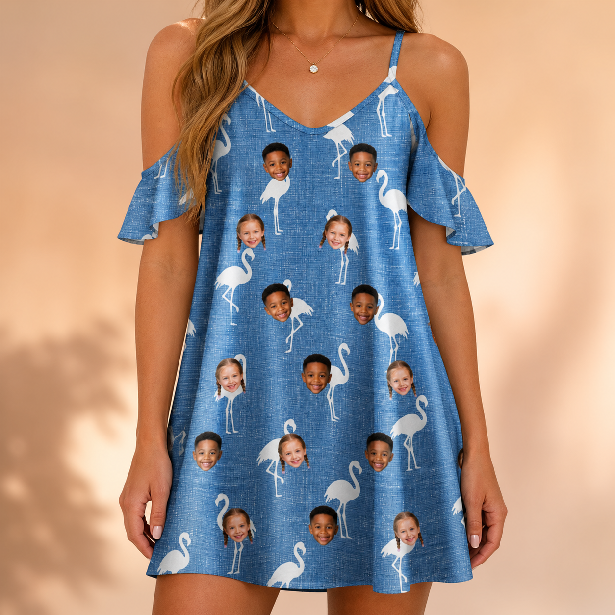 Model wearing Women's Plume Parade Custom Face Off-Shoulder Dress printed with kids' faces