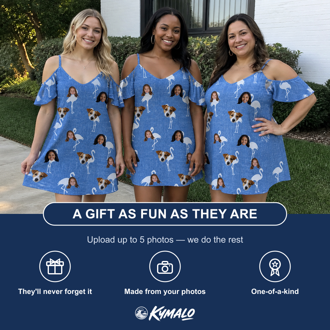 Friends in matching Women's Plume Parade Custom Face Off-Shoulder Dress — a group gift photo