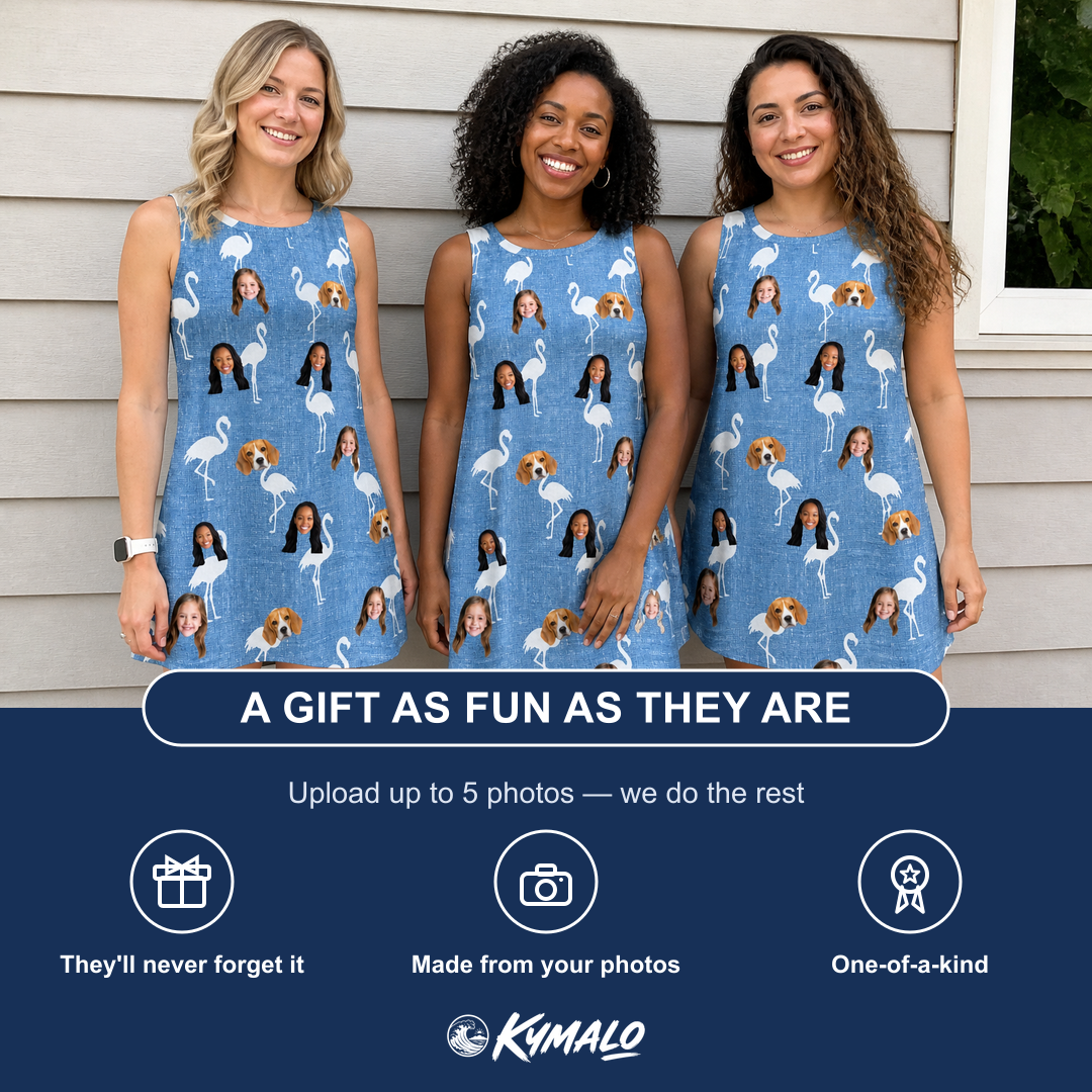 Friends in matching Women's Plume Parade Custom Face Tank Dress — a group gift photo