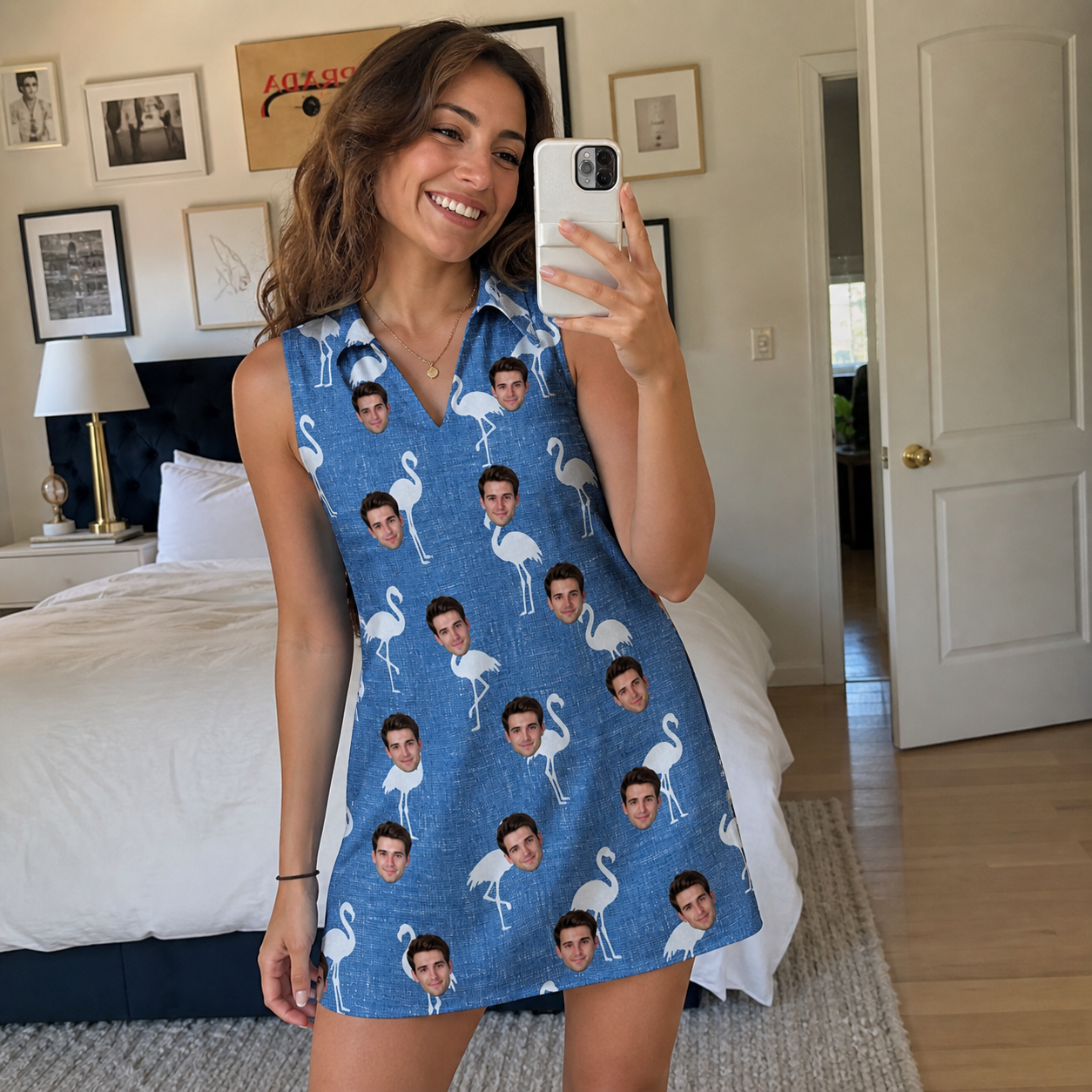Real-life photo of someone wearing Women's Plume Parade Custom Face V-Neck Dress — custom faces printed all-over