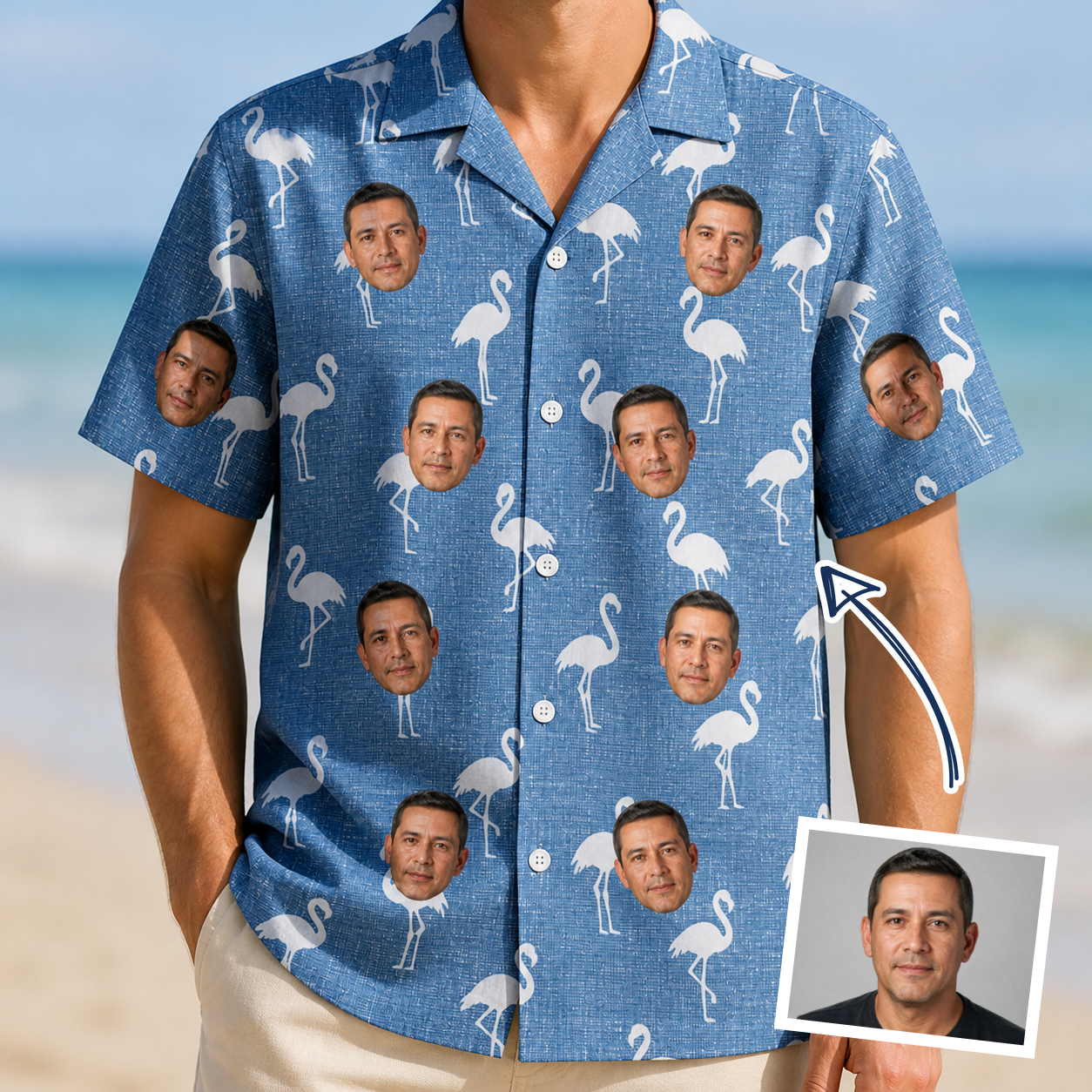 Man wearing Men's Plume Parade Custom Face Hawaiian Shirt — custom faces printed all-over