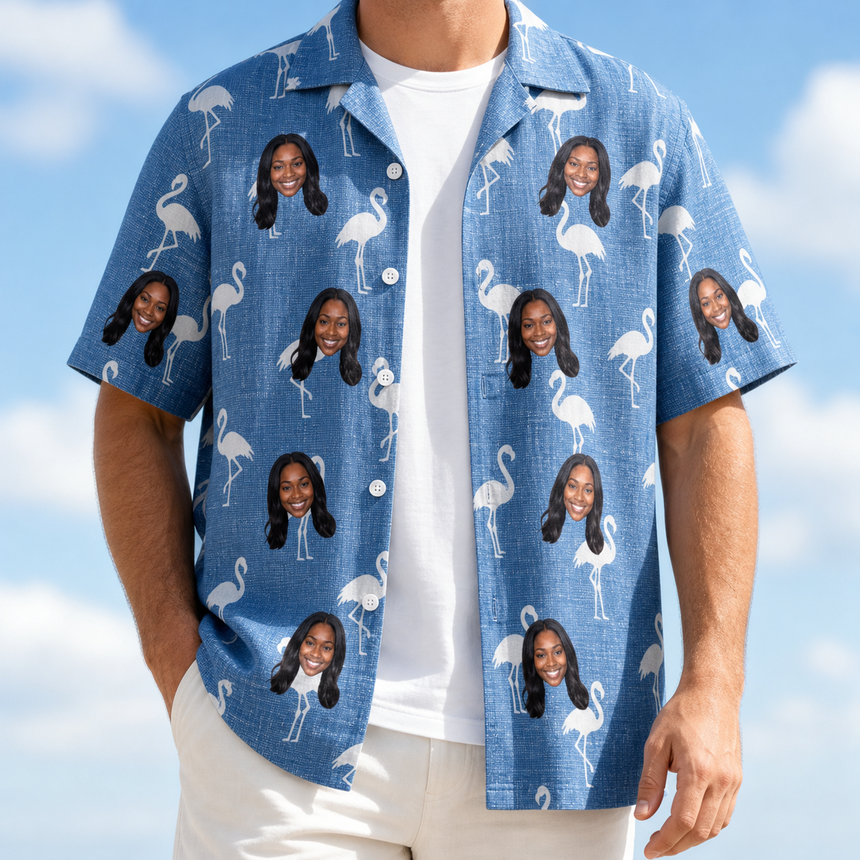Man wearing Men's Plume Parade Custom Face Hawaiian Shirt open over a white tee