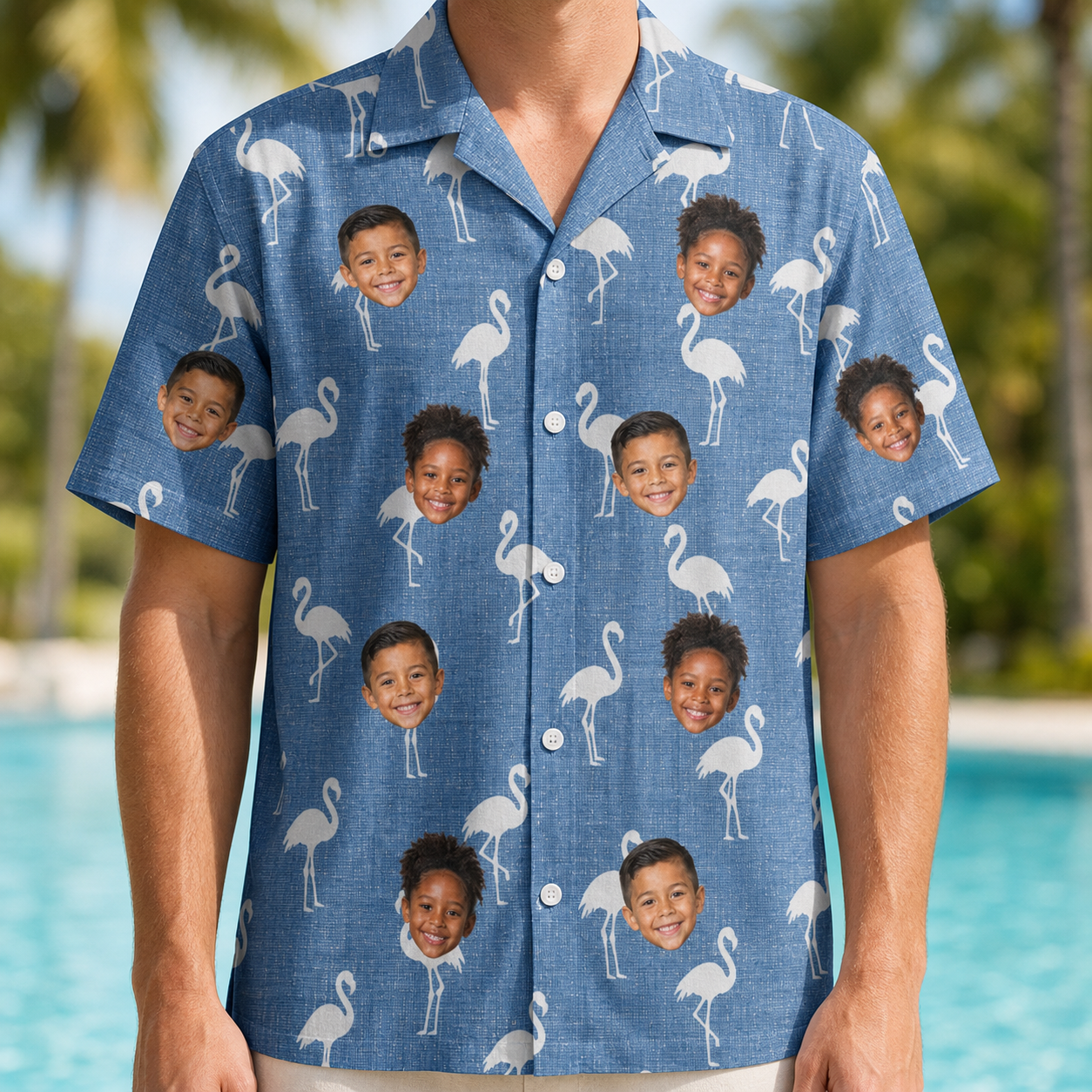 Model wearing Men's Plume Parade Custom Face Hawaiian Shirt printed with kids' faces