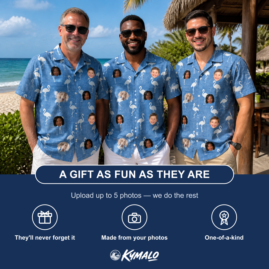 Friends in matching Men's Plume Parade Custom Face Hawaiian Shirt — a group gift photo