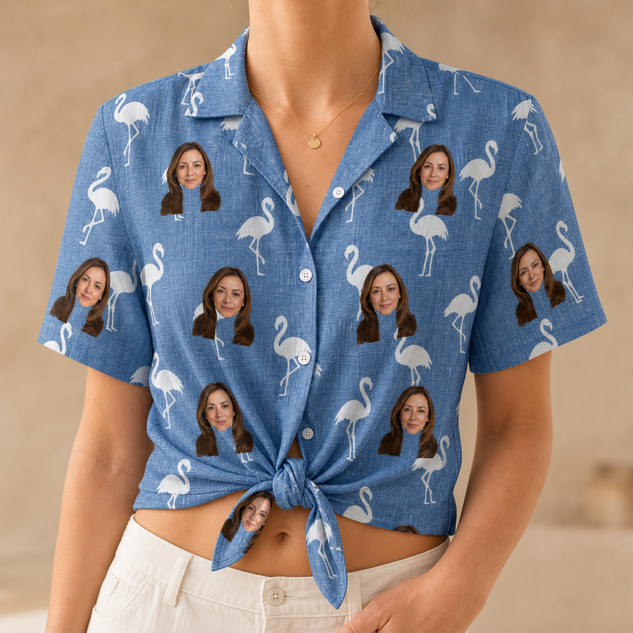 Woman wearing Women's Plume Parade Custom Face Hawaiian Shirt tied at the waist