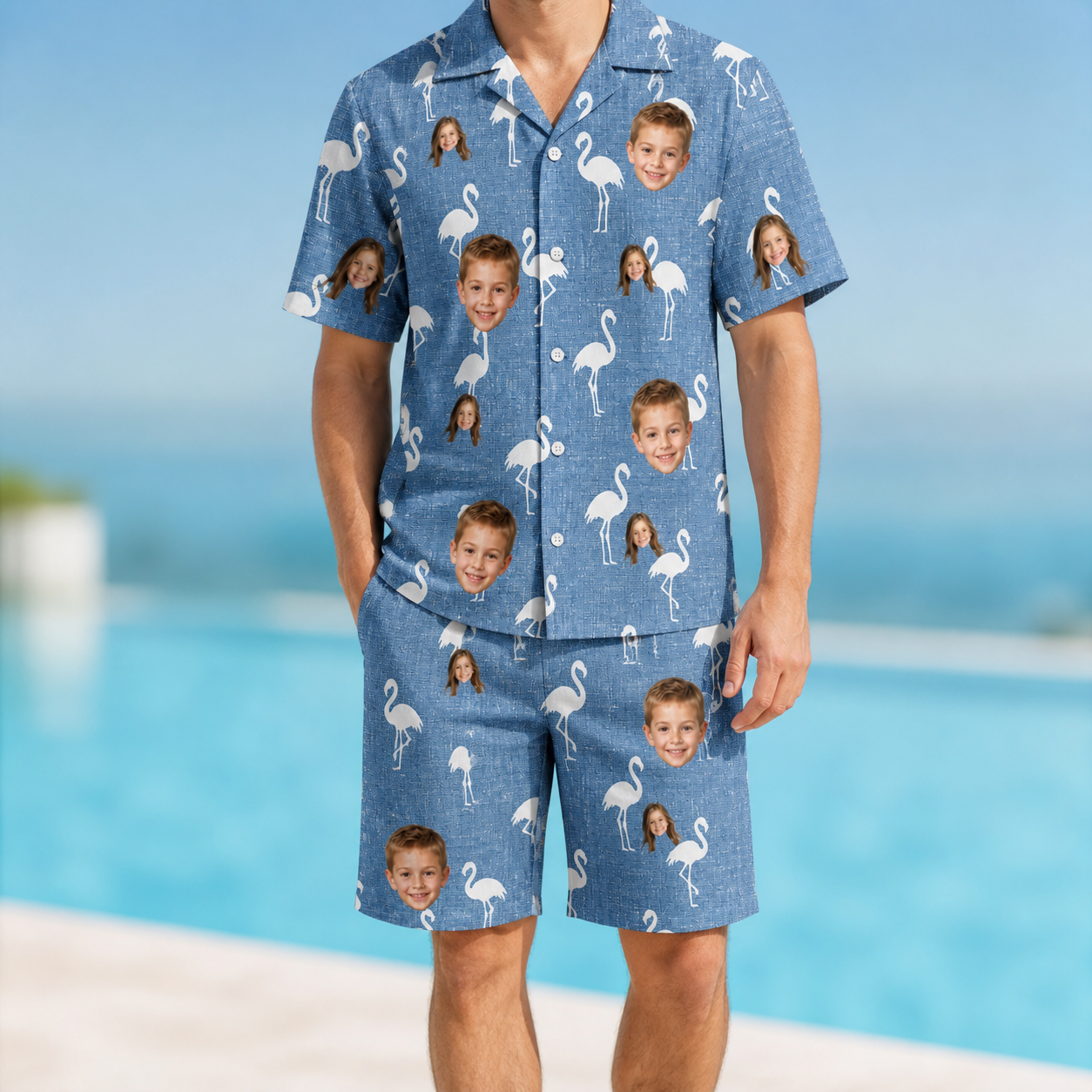 Model wearing Men's Plume Parade Custom Face Shirt & Shorts Set printed with kids' faces