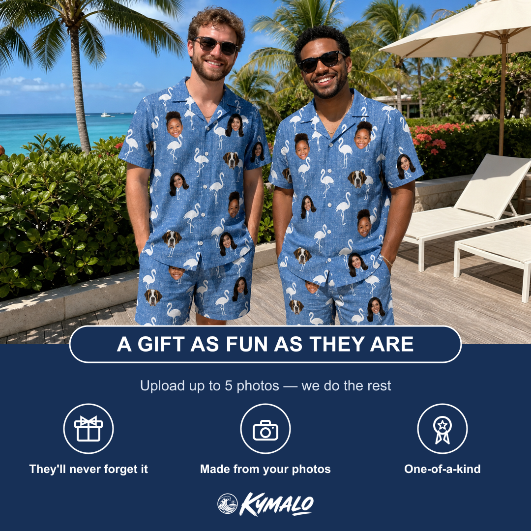 Friends in matching Men's Plume Parade Custom Face Shirt & Shorts Set — a group gift photo