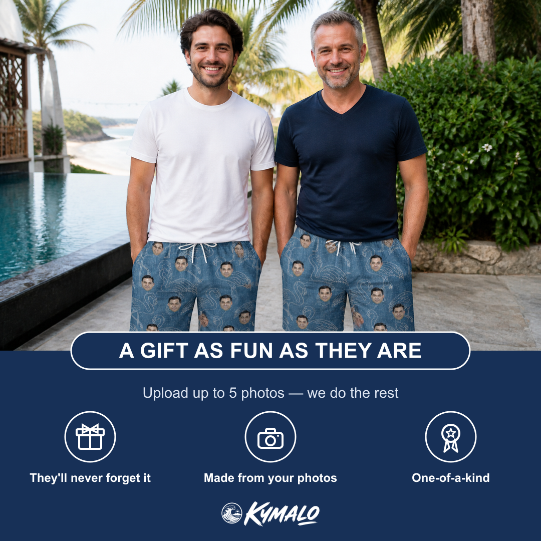Friends in matching Men's Magenta Mingle Custom Face Beach Shorts — a group gift photo