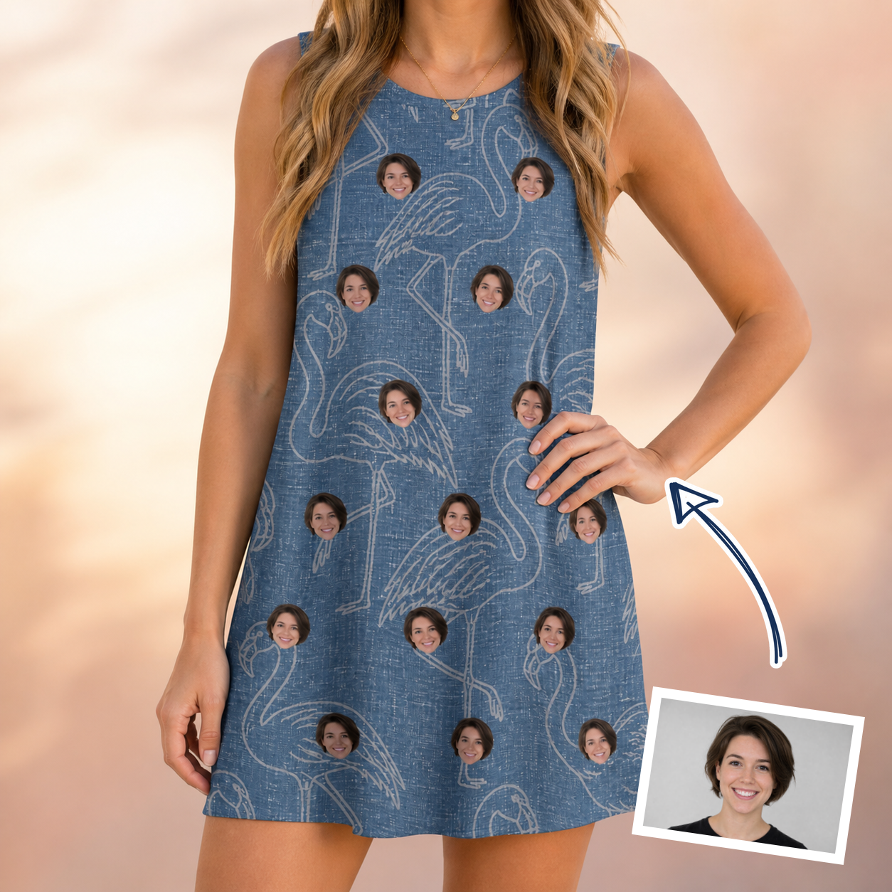 Woman wearing Women's Magenta Mingle Custom Face Tank Dress — custom faces printed all-over