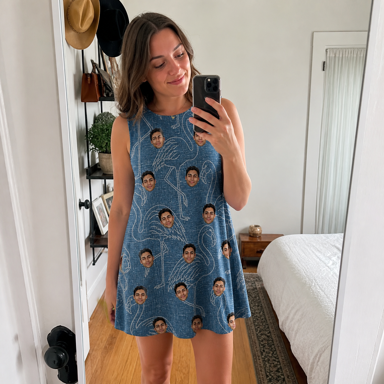 Real-life photo of someone wearing Women's Magenta Mingle Custom Face Tank Dress — custom faces printed all-over