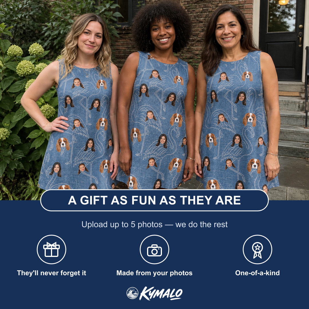 Friends in matching Women's Magenta Mingle Custom Face Tank Dress — a group gift photo
