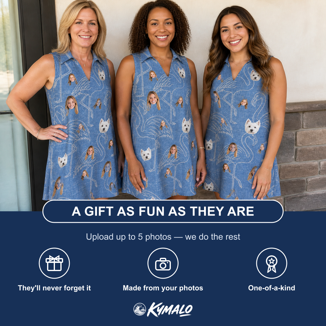 Friends in matching Women's Magenta Mingle Custom Face V-Neck Dress — a group gift photo
