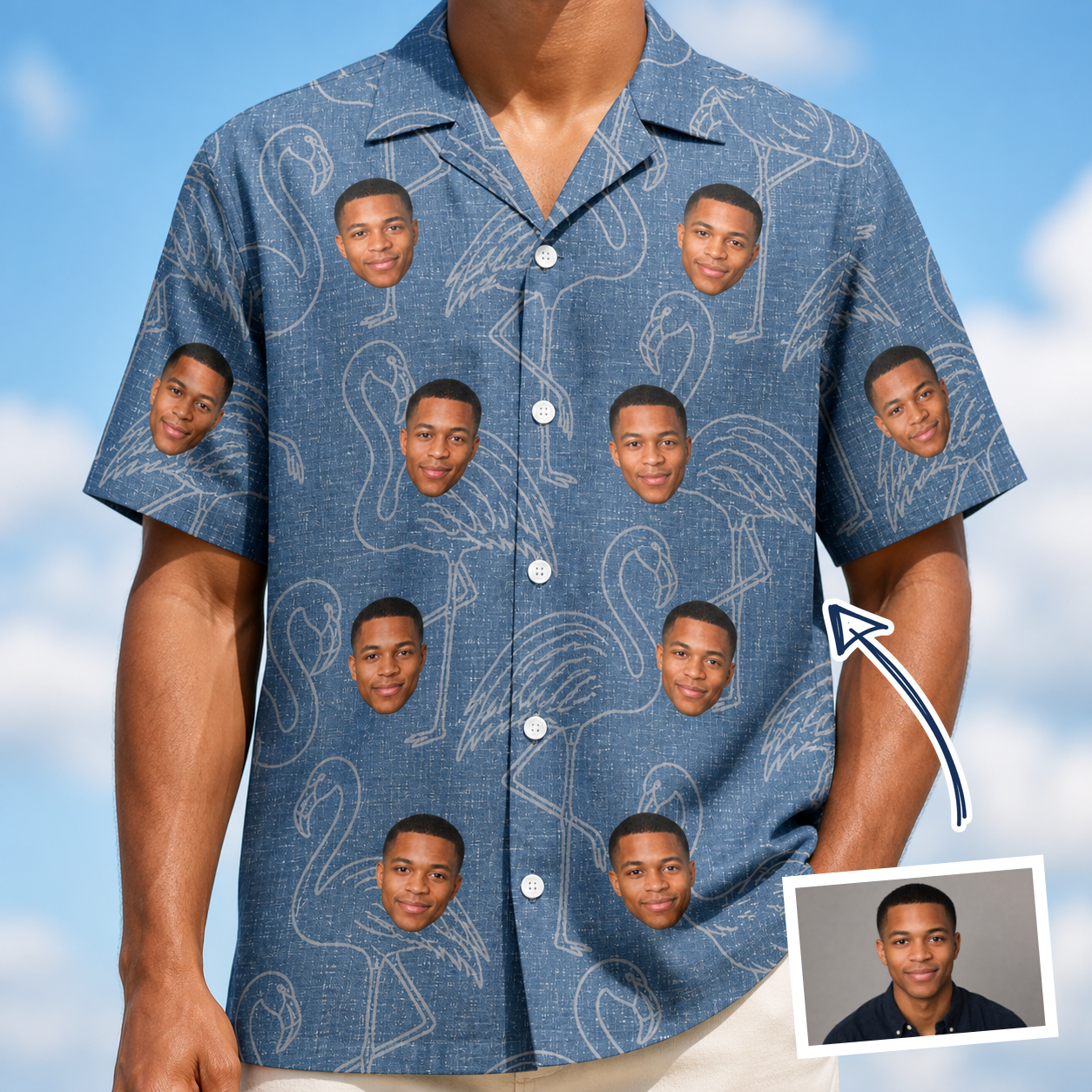 Man wearing Men's Magenta Mingle Custom Face Hawaiian Shirt — custom faces printed all-over