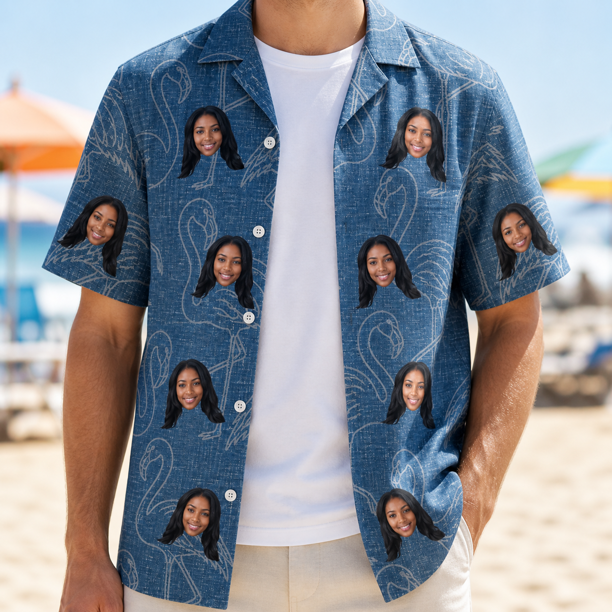 Man wearing Men's Magenta Mingle Custom Face Hawaiian Shirt open over a white tee