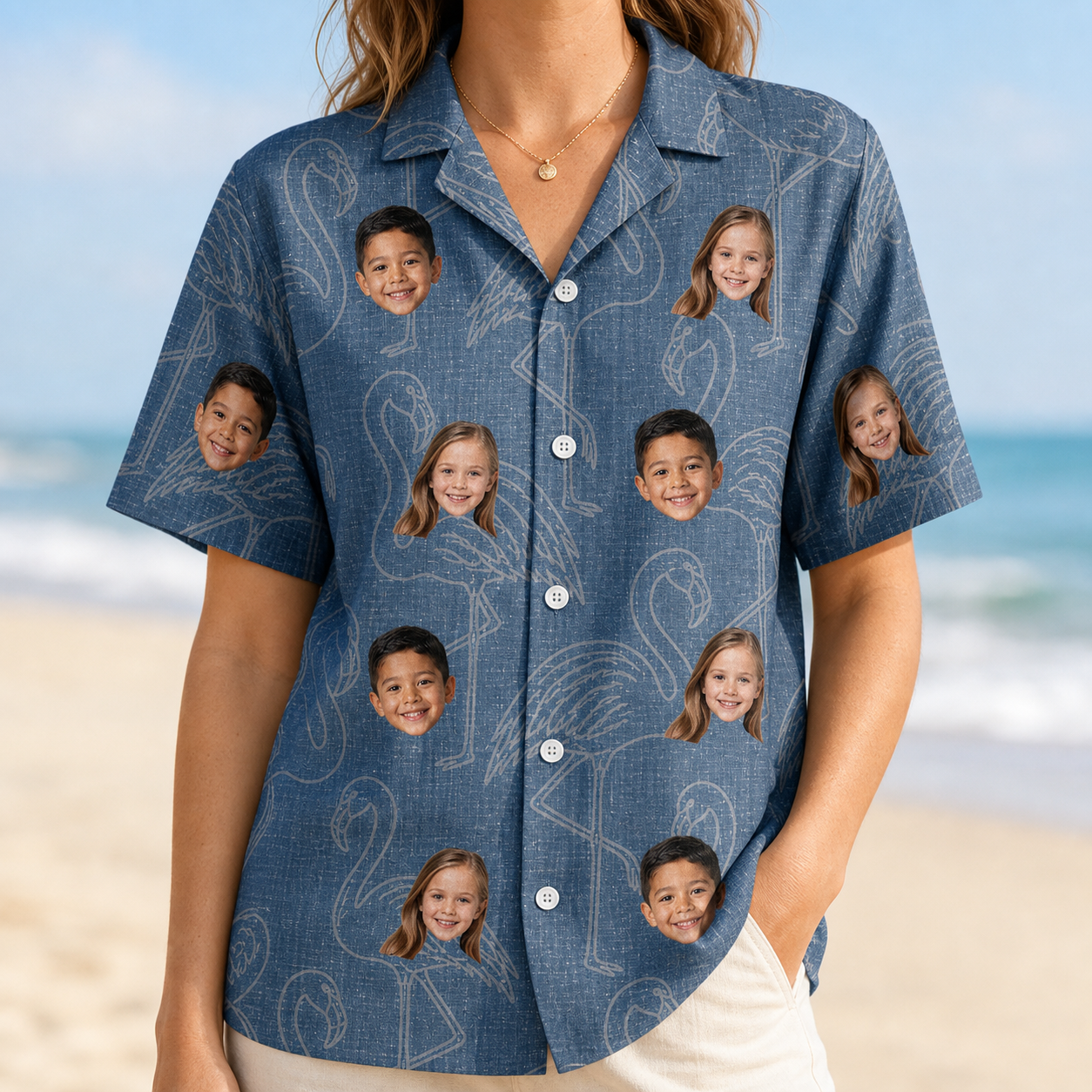 Model wearing Women's Magenta Mingle Custom Face Hawaiian Shirt printed with kids' faces