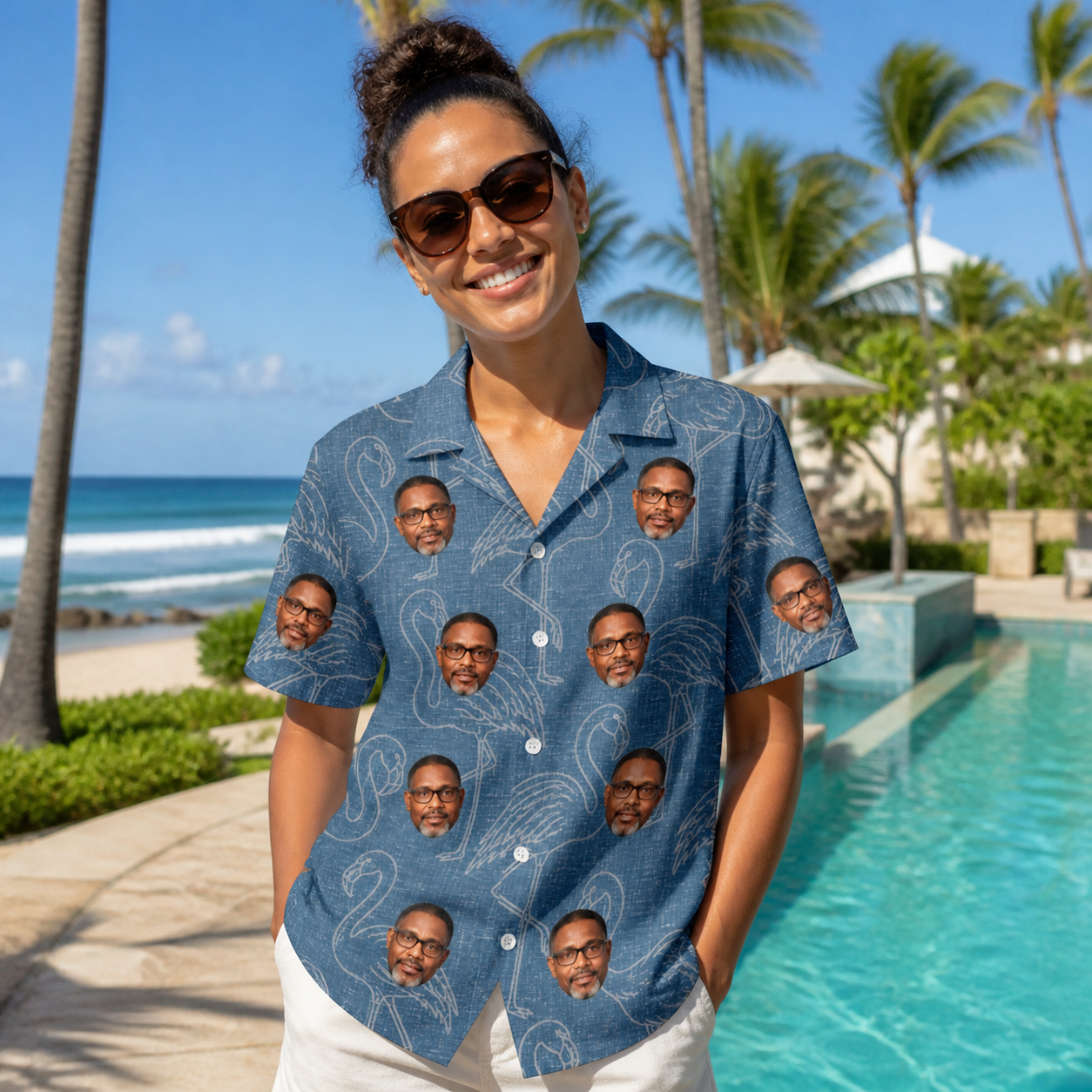 Real-life photo of someone wearing Women's Magenta Mingle Custom Face Hawaiian Shirt — custom faces printed all-over