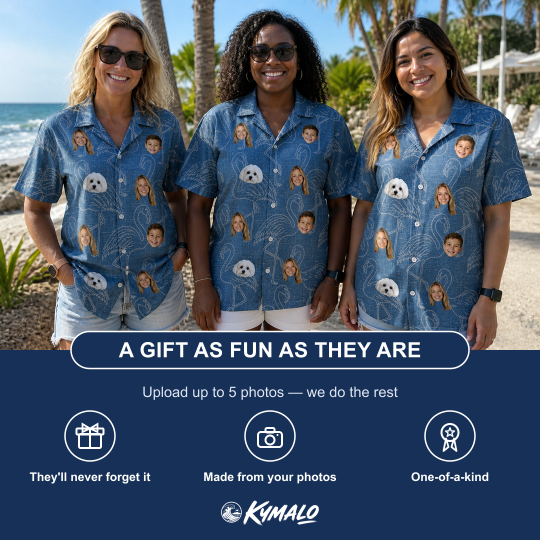 Friends in matching Women's Magenta Mingle Custom Face Hawaiian Shirt — a group gift photo