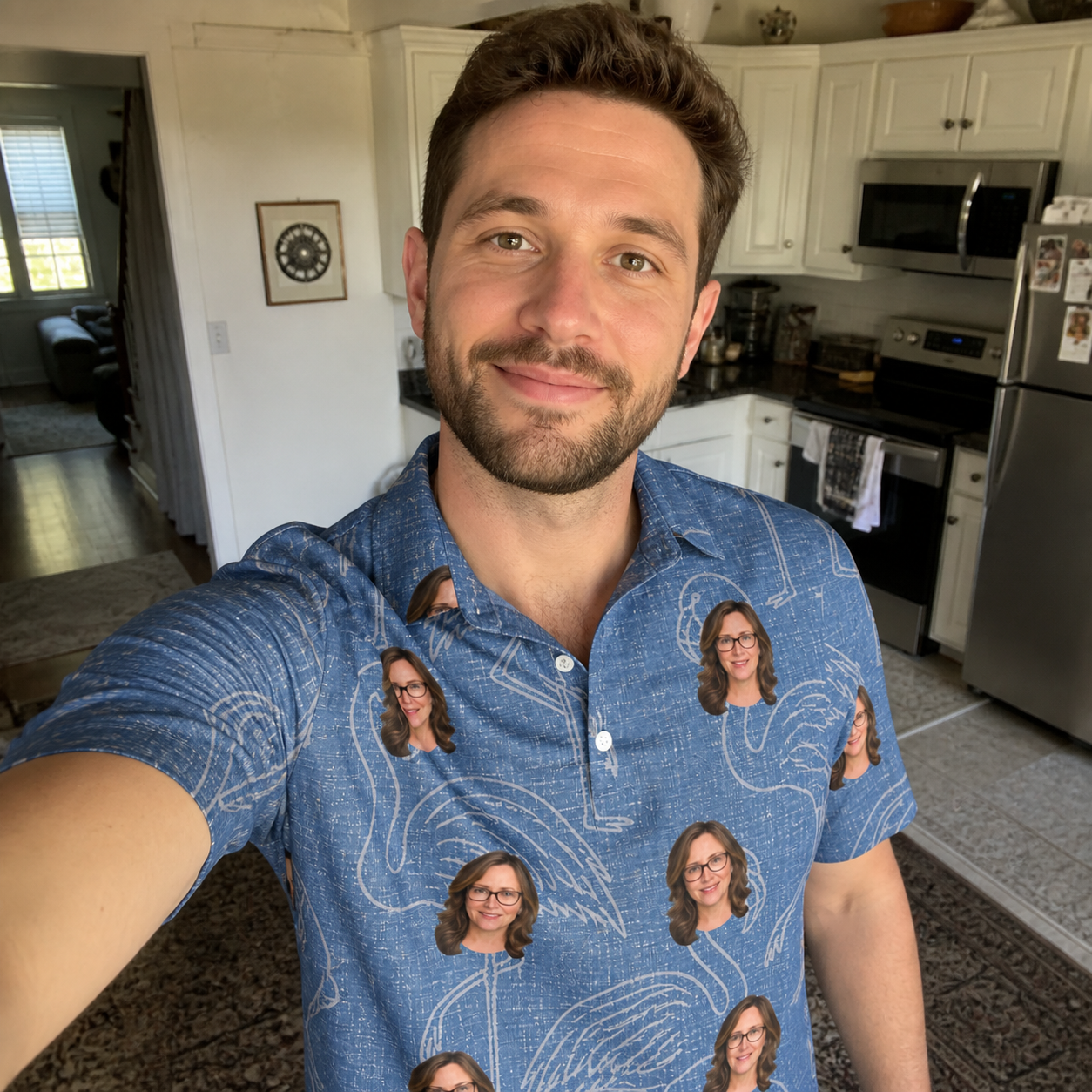 Real-life photo of someone wearing Men's Magenta Mingle Custom Face Polo Shirt — custom faces printed all-over