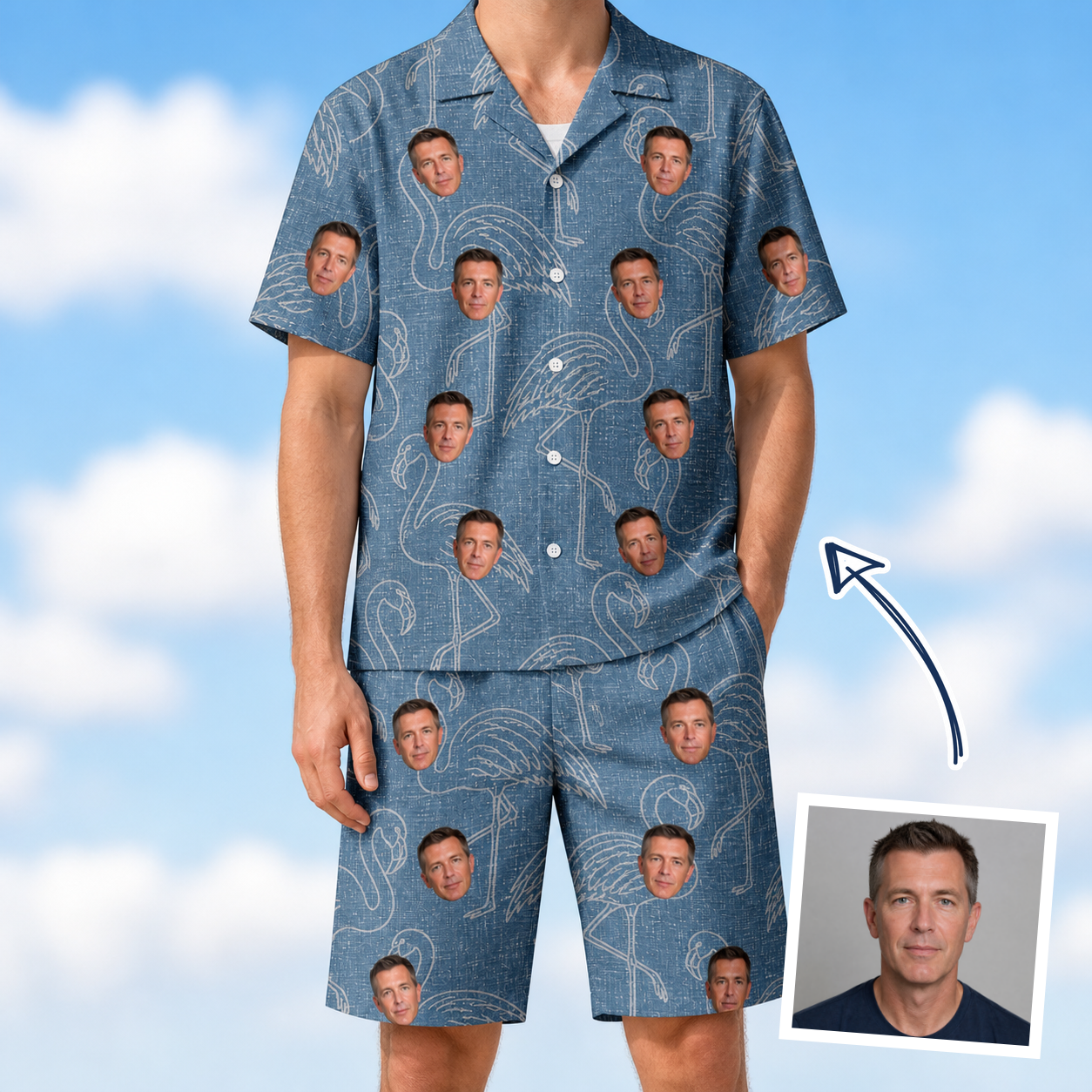 Man wearing Men's Magenta Mingle Custom Face Shirt & Shorts Set — custom faces printed all-over