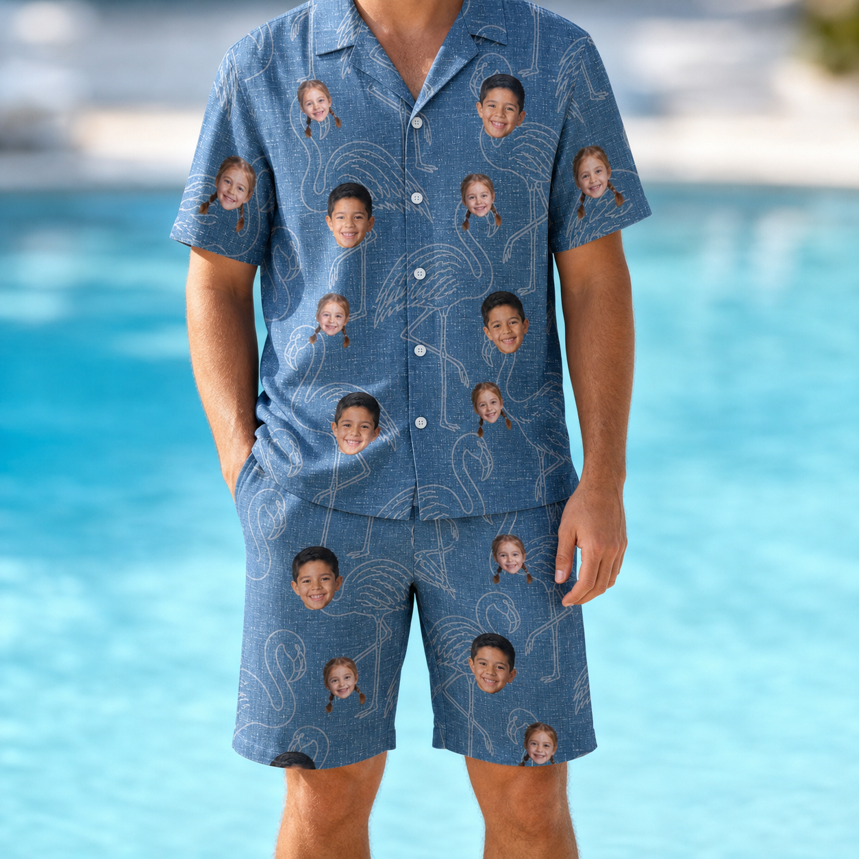 Model wearing Men's Magenta Mingle Custom Face Shirt & Shorts Set printed with kids' faces