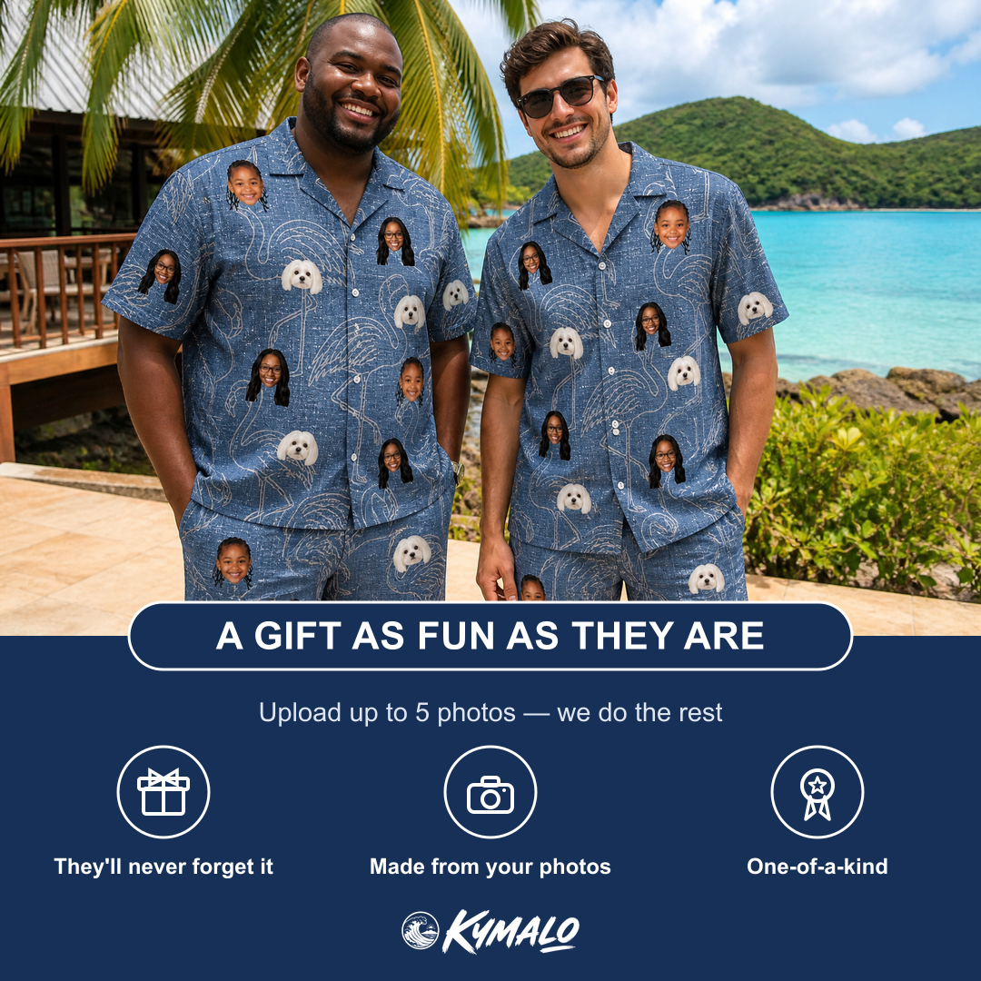 Friends in matching Men's Magenta Mingle Custom Face Shirt & Shorts Set — a group gift photo