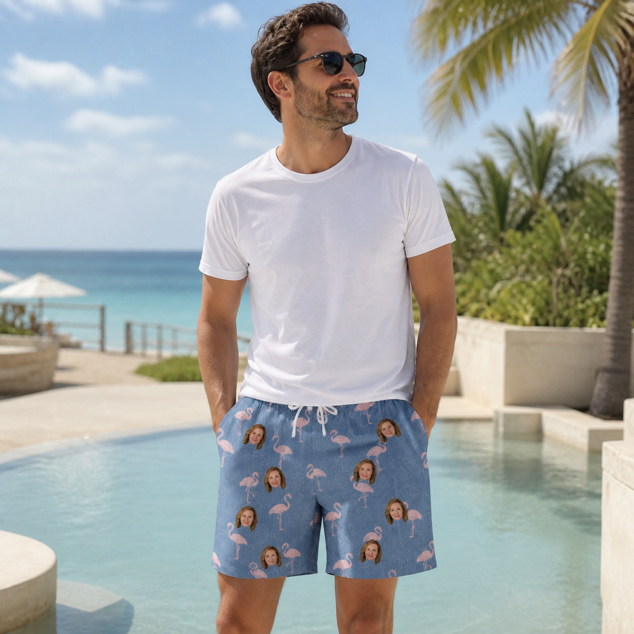 Real-life photo of someone wearing Men's Flamingo Fever Custom Face Beach Shorts — custom faces printed all-over