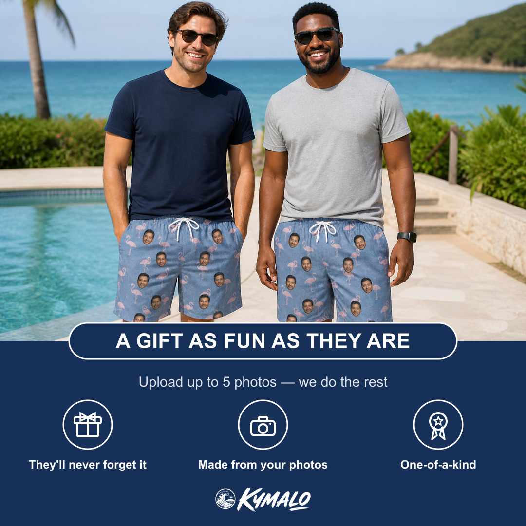 Friends in matching Men's Flamingo Fever Custom Face Beach Shorts — a group gift photo