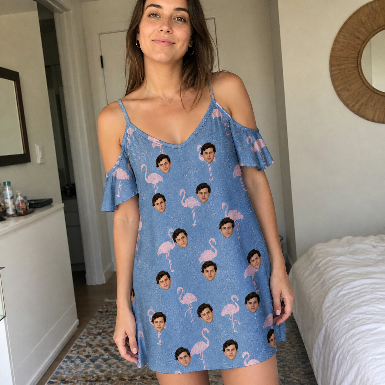 Real-life photo of someone wearing Women's Flamingo Fever Custom Face Off-Shoulder Dress — custom faces printed all-over