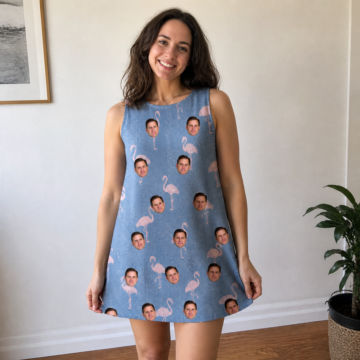 Real-life photo of someone wearing Women's Flamingo Fever Custom Face Tank Dress — custom faces printed all-over