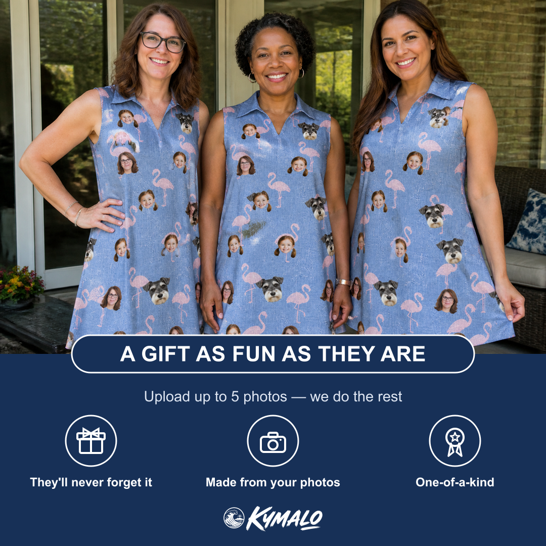 Friends in matching Women's Flamingo Fever Custom Face V-Neck Dress — a group gift photo