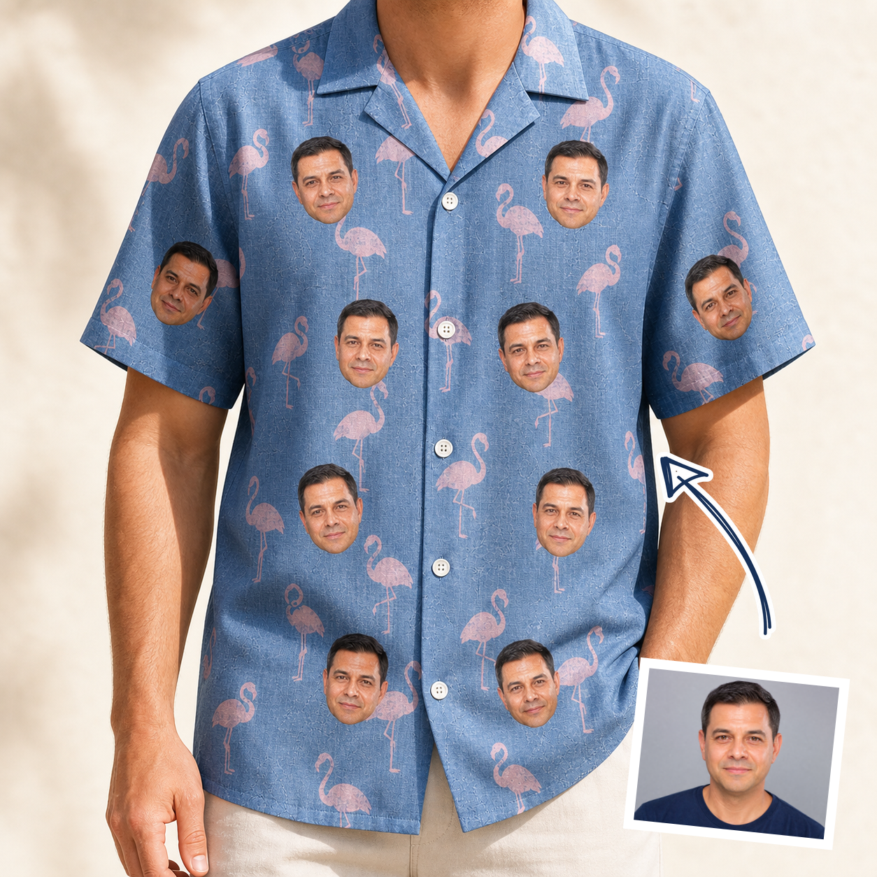 Man wearing Men's Flamingo Fever Custom Face Hawaiian Shirt — custom faces printed all-over