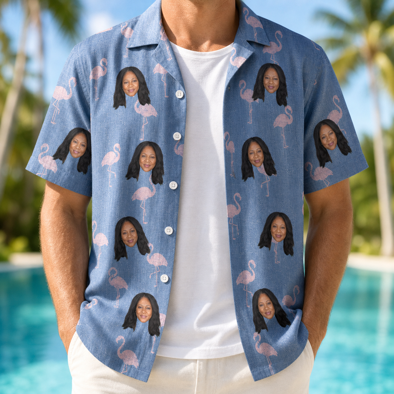 Man wearing Men's Flamingo Fever Custom Face Hawaiian Shirt open over a white tee