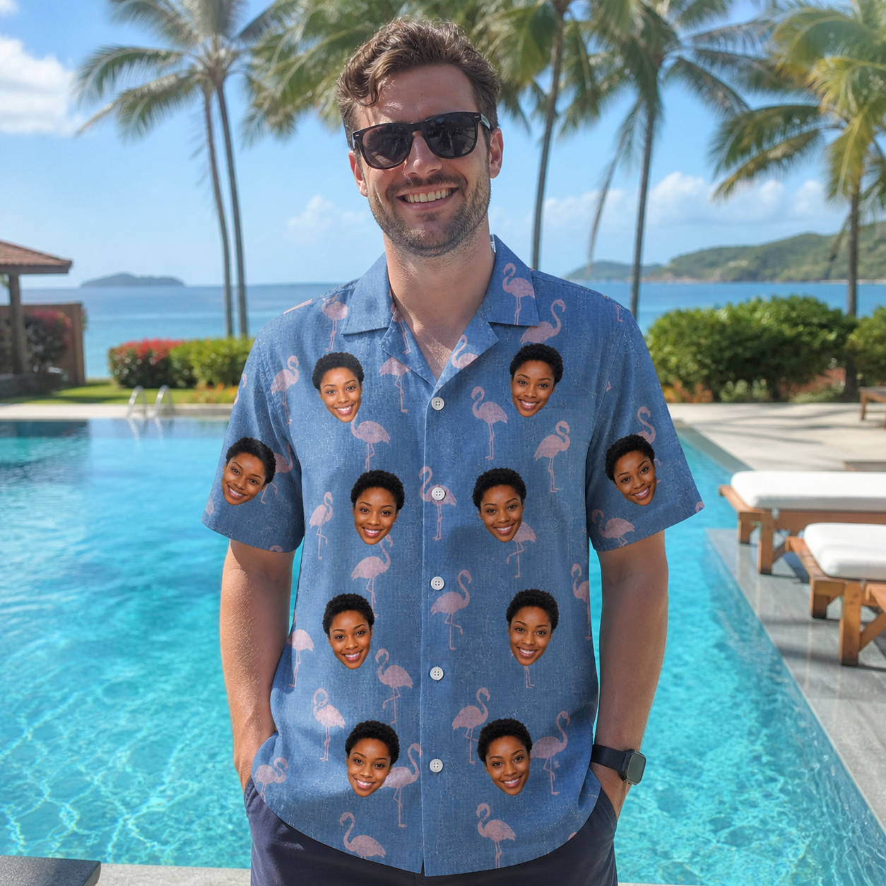 Real-life photo of someone wearing Men's Flamingo Fever Custom Face Hawaiian Shirt — custom faces printed all-over