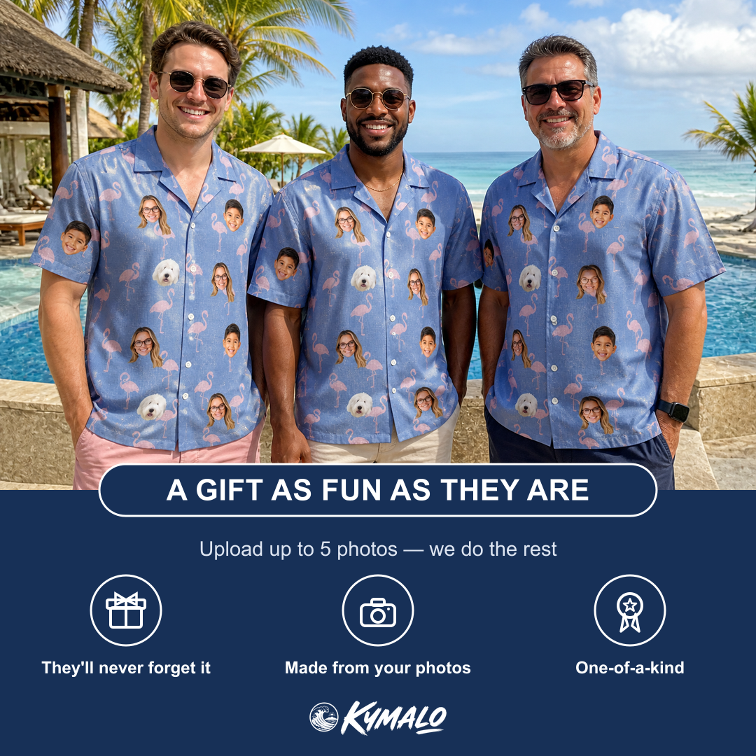 Friends in matching Men's Flamingo Fever Custom Face Hawaiian Shirt — a group gift photo