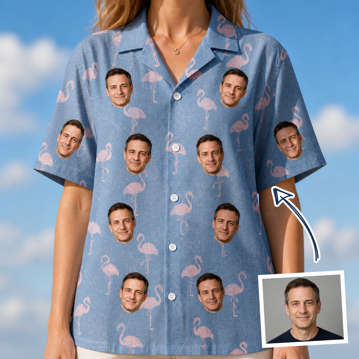 Woman wearing Women's Flamingo Fever Custom Face Hawaiian Shirt — custom faces printed all-over