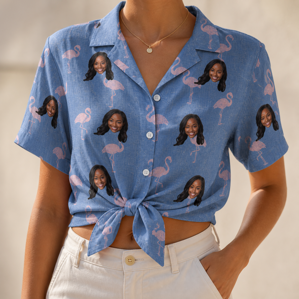 Woman wearing Women's Flamingo Fever Custom Face Hawaiian Shirt tied at the waist