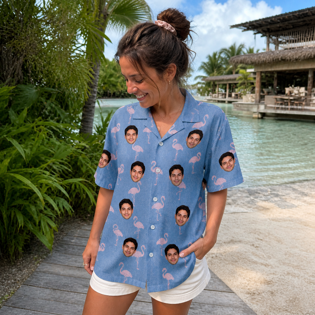Real-life photo of someone wearing Women's Flamingo Fever Custom Face Hawaiian Shirt — custom faces printed all-over