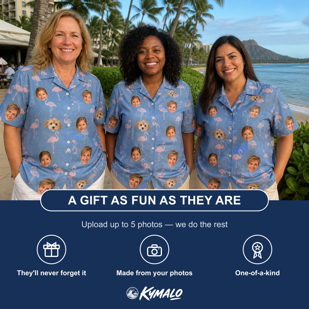 Friends in matching Women's Flamingo Fever Custom Face Hawaiian Shirt — a group gift photo
