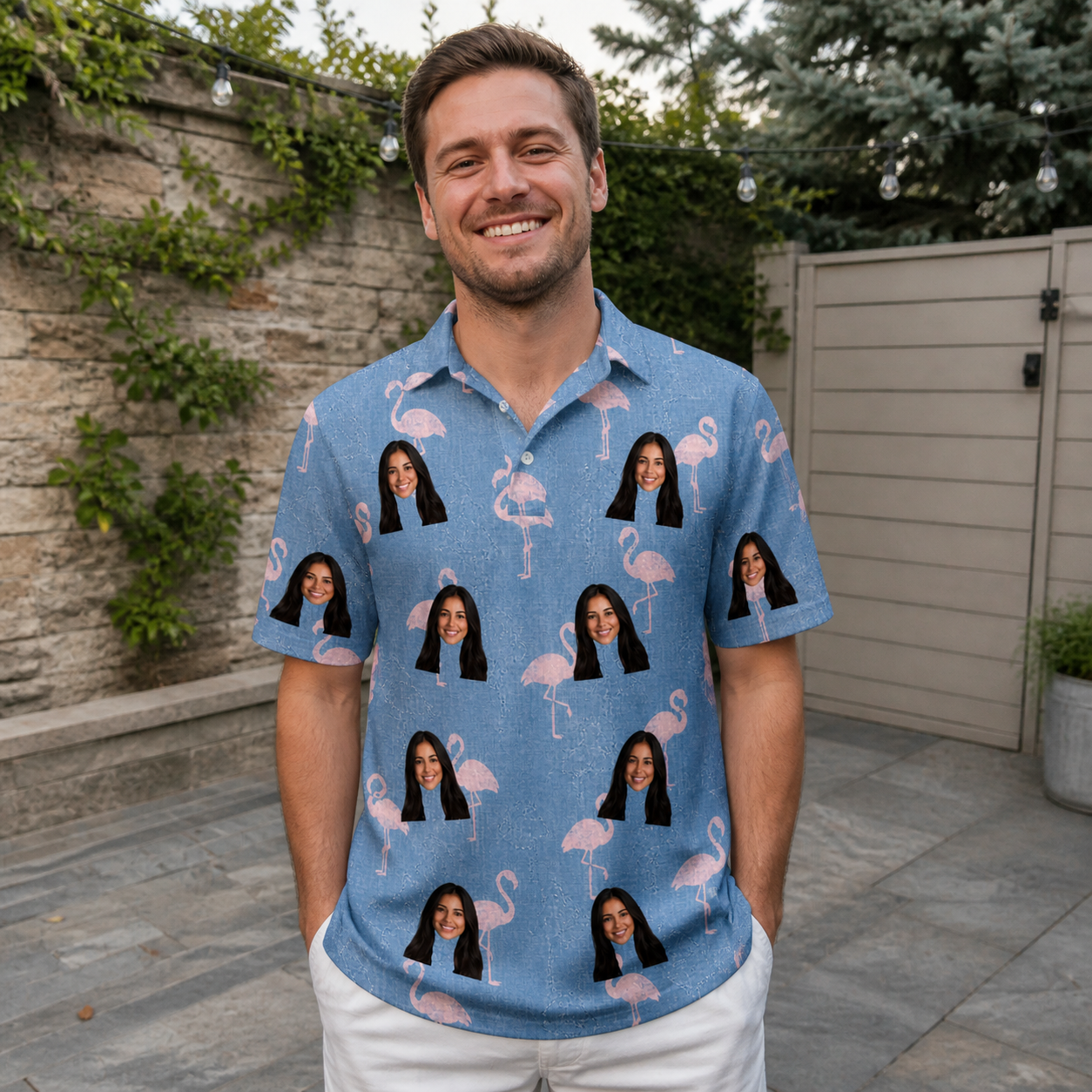 Real-life photo of someone wearing Men's Flamingo Fever Custom Face Polo Shirt — custom faces printed all-over