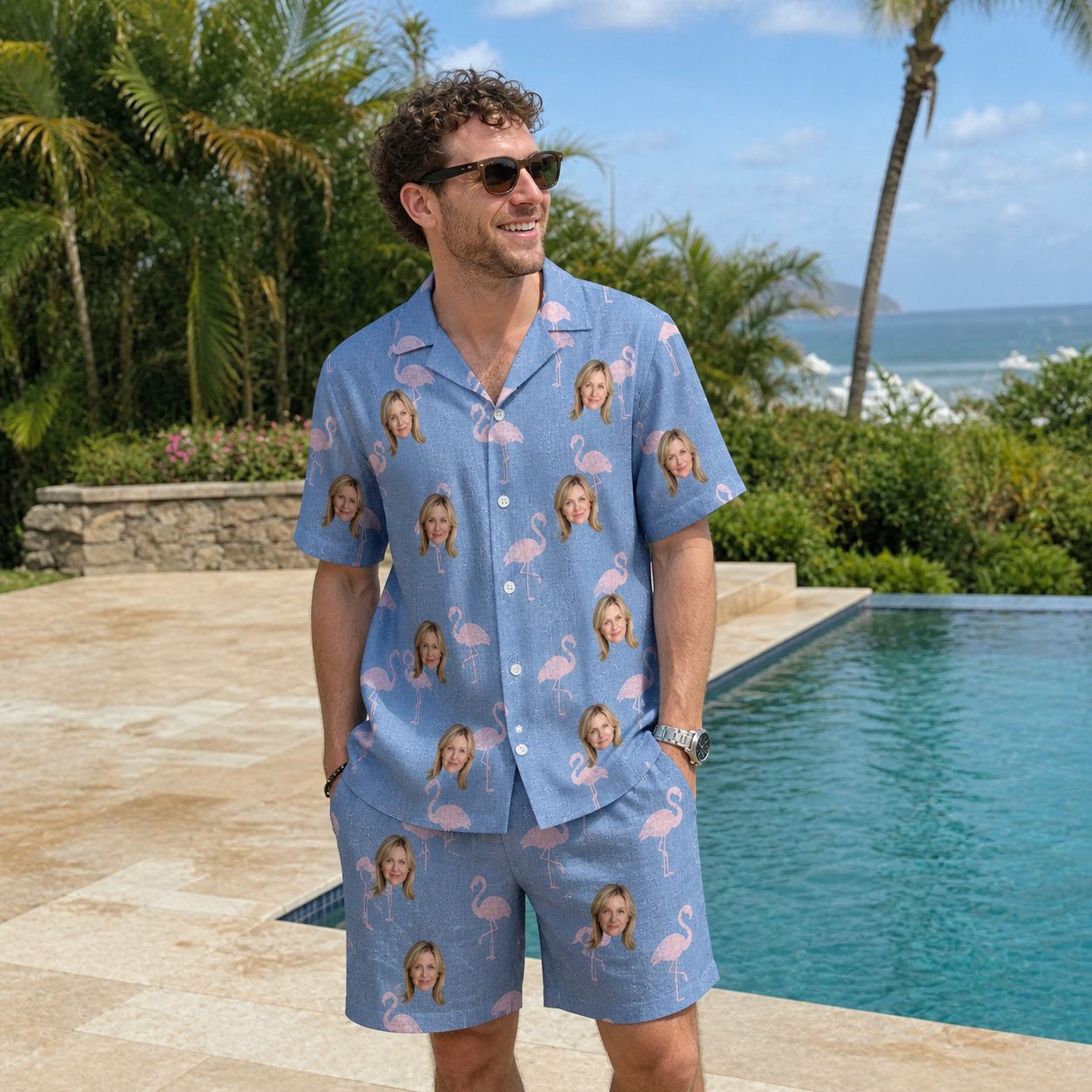 Real-life photo of someone wearing Men's Flamingo Fever Custom Face Shirt & Shorts Set — custom faces printed all-over