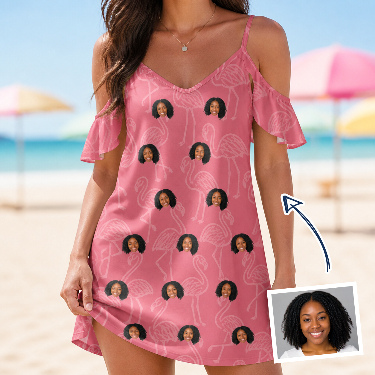 Woman wearing Women's Beakside Belles Custom Face Off-Shoulder Dress — custom faces printed all-over